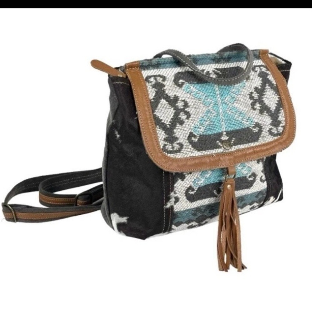 Myra Tapestry & Leather Cowhide Hair BACKPACK HANDBAG 12x13"‎ Purse Isabella